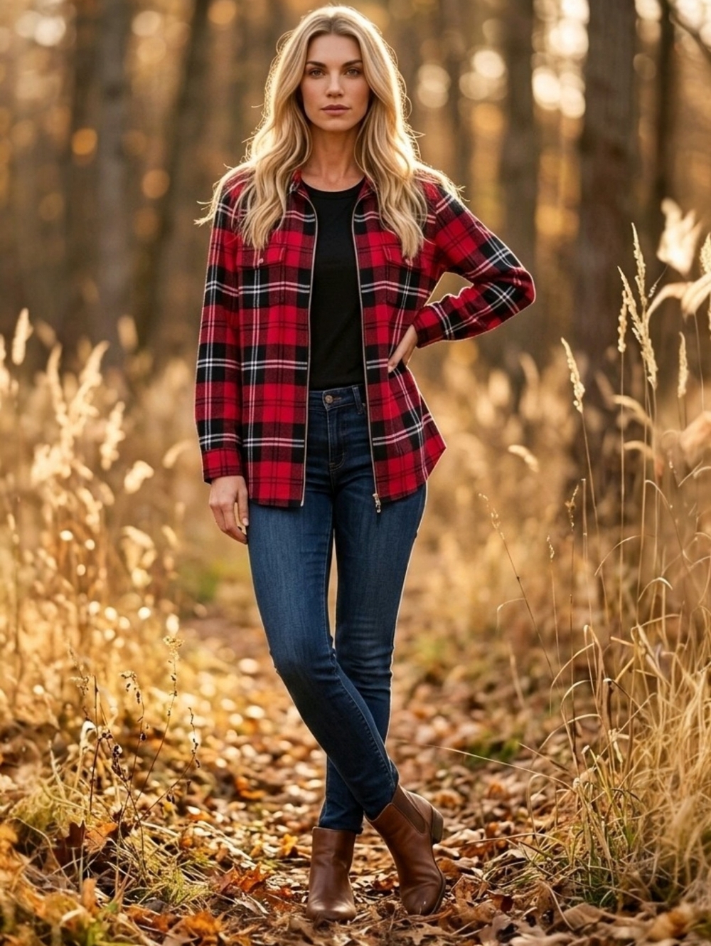 Chaps Flannel Women's 2X Full Zip Shirt Shacket Red Plaid 100% Cotton Oversized